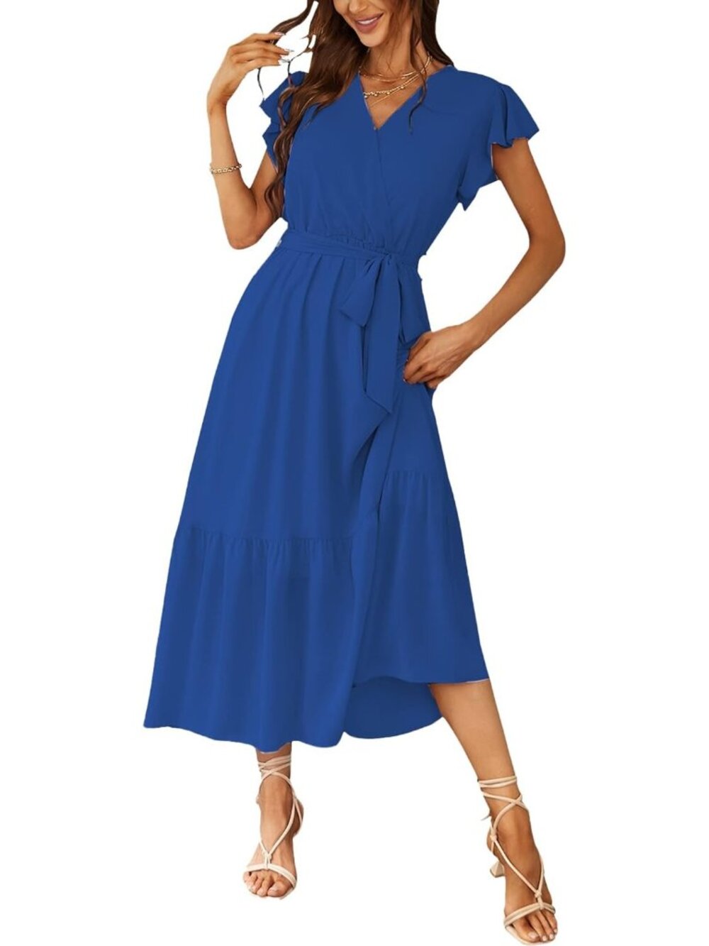 Women's Dark Blue Summer Short Sleeve Wrap V Neck Floral Boho Guest Maxi Dress